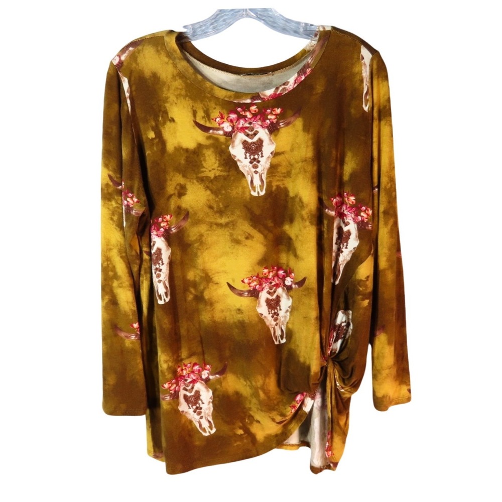 JODIFL Cowgirl Top T-Shirt COW SKULL & BUTTERFLIES Twist Side Hem BROWN/PINK S